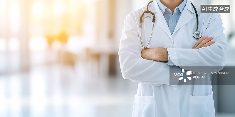 【AI数字艺术】医生身穿白大褂交叉双手站在医院办公室图片素材