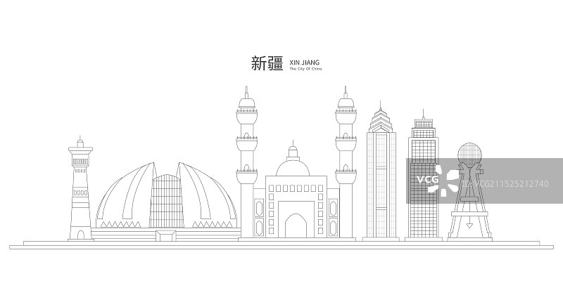 中国新疆中国风黑白线条地标建筑描边插画矢量图片素材