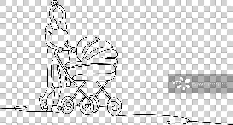 母亲推着婴儿车散步图片素材