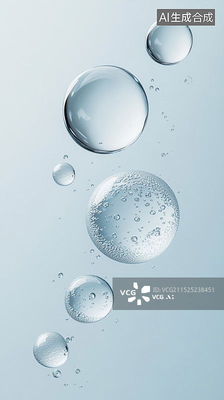 【AI数字艺术】3D高级感多个半透明圆形水珠泡泡水分子落下瞬间特写的补水保湿护肤银蓝色极简背景图片素材