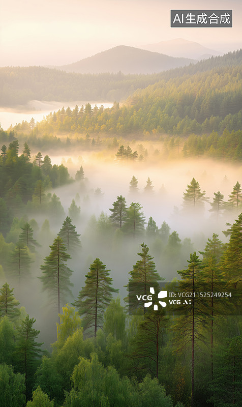 【AI数字艺术】晨雾中的立秋森林自然风光图片素材