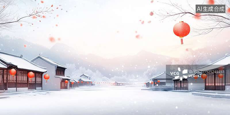 【AI数字艺术】古镇 雪景 灯笼图片素材