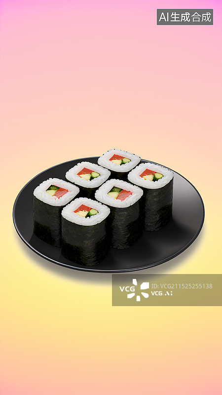 【AI数字艺术】美食美味菜肴主题插画 盘子里的紫菜包饭图片素材