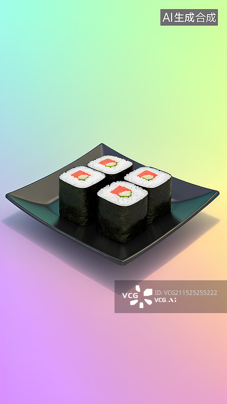 【AI数字艺术】美食美味菜肴主题插画 黑色方盘子里的紫菜包饭图片素材