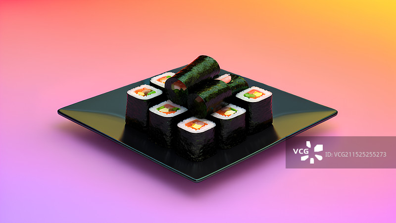 美食美味菜肴主题插画 黑色盘子里的紫菜包饭图片素材