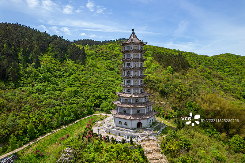 中国湖南省浏阳市大围山国家森林公园红莲寺航拍视角图片素材