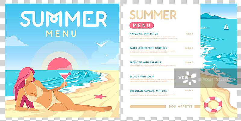 带有美丽女孩的扁平风格夏季菜单设计图片素材