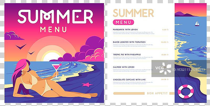 复古扁平风夏季菜单设计与美女图片素材