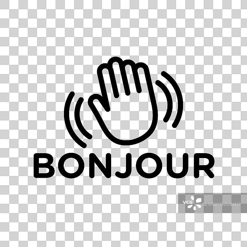 带有挥手图标线性标志的 Bonjour 文本图片素材