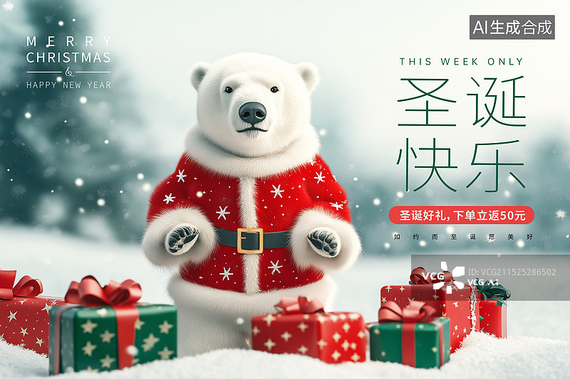 【AI数字艺术】2025年蛇年 中国新年和圣诞节祝福贺卡 三维卡通圣诞老人装扮的北极熊和一堆礼物盒 横版图片素材