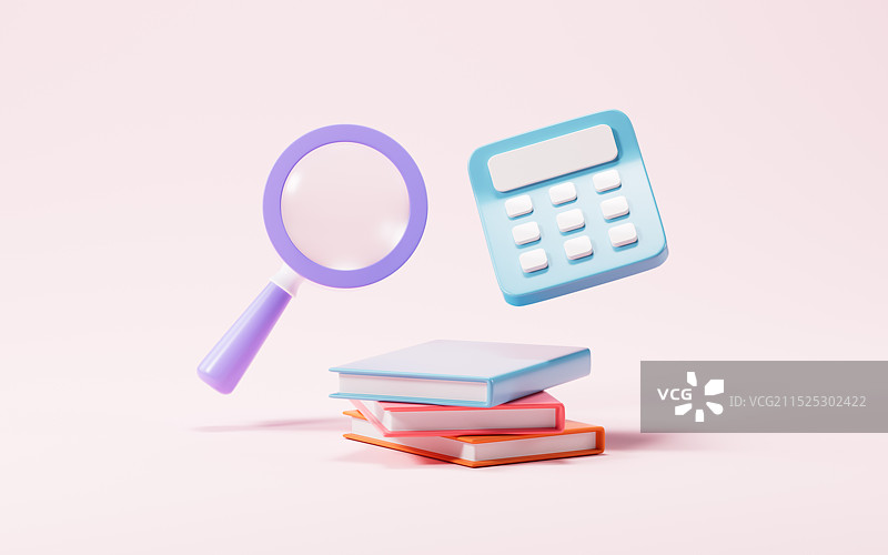 卡通放大镜书本计算器等学习概念3D渲染图片素材