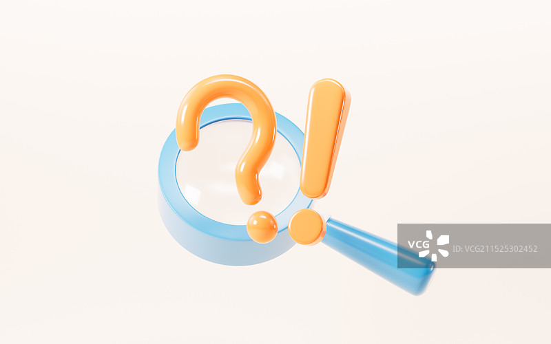 卡通问号叹号和放大镜3D渲染图片素材