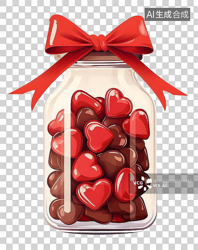 【AI数字艺术】装满爱心型巧克力的玻璃罐子 情人节礼物 元素插图 设计商业图片素材