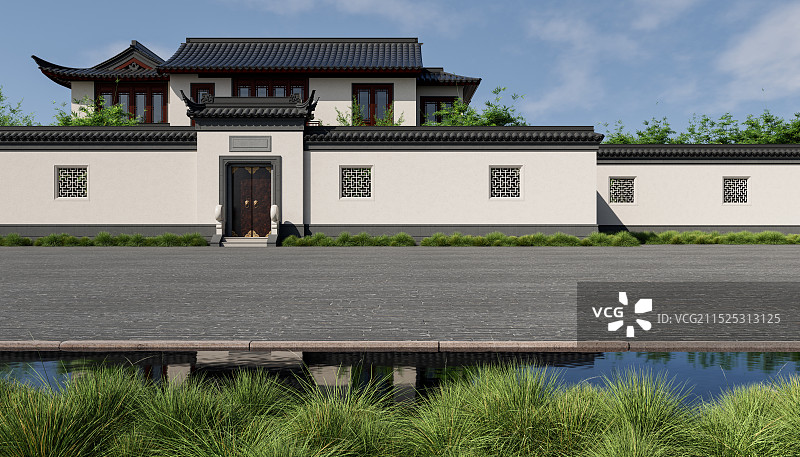 中式_古典建筑_别墅_青砖路面图片素材