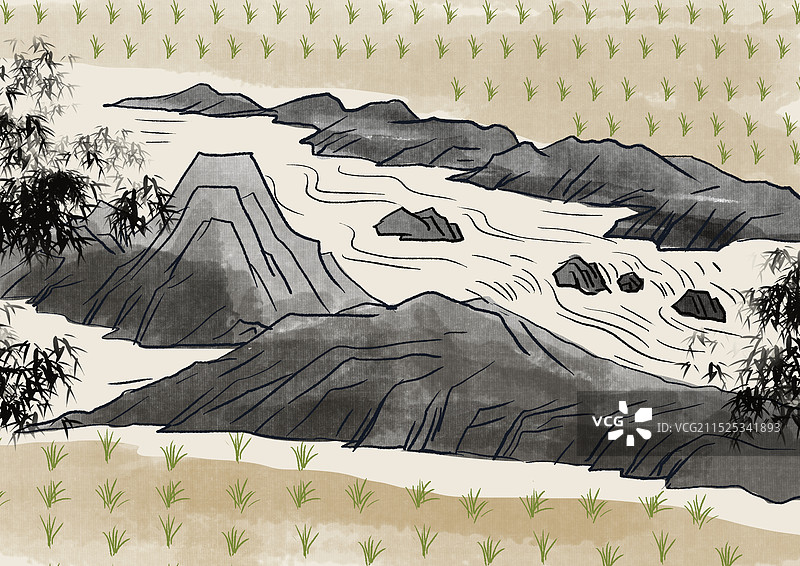 水彩水墨风中国画中国风新中式古风古典传统文化古代田园风光乡村乡下农村稻田风俗资讯竹林风景插画图片素材