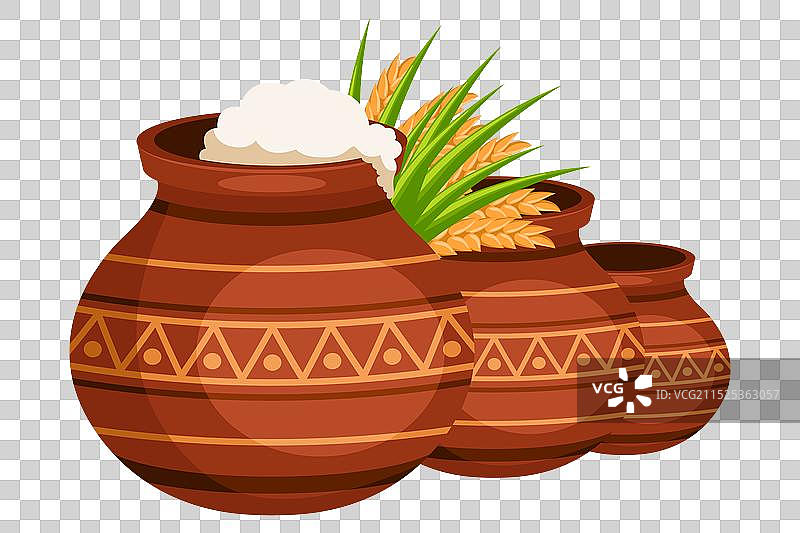 传统陶罐米饭和甘蔗图片素材