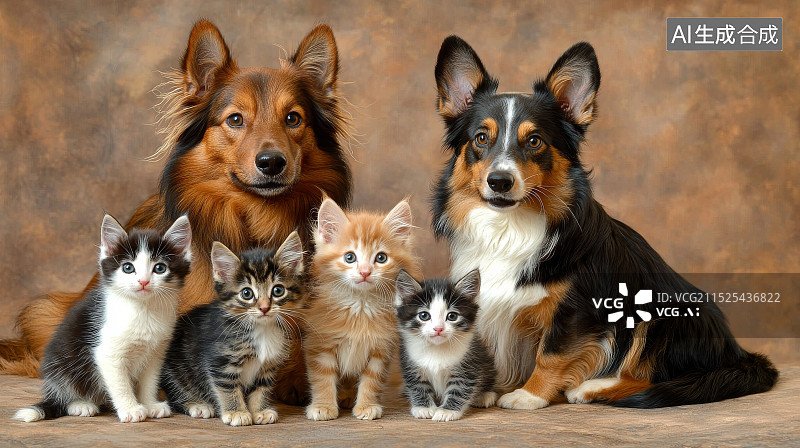 【AI数字艺术】牧羊犬和小猫们的合影图片素材