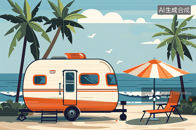 【AI数字艺术】清新扁平风海边的遮阳伞躺椅和露营拖车插画图片素材