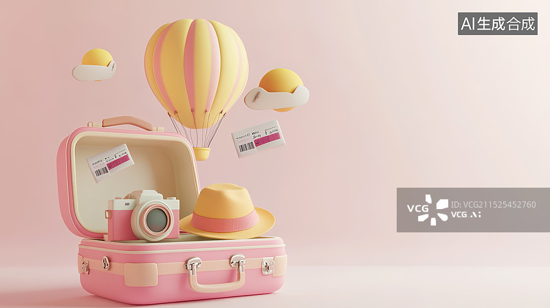 【AI数字艺术】3D卡通风格旅行箱热气球旅行概念插画图片素材