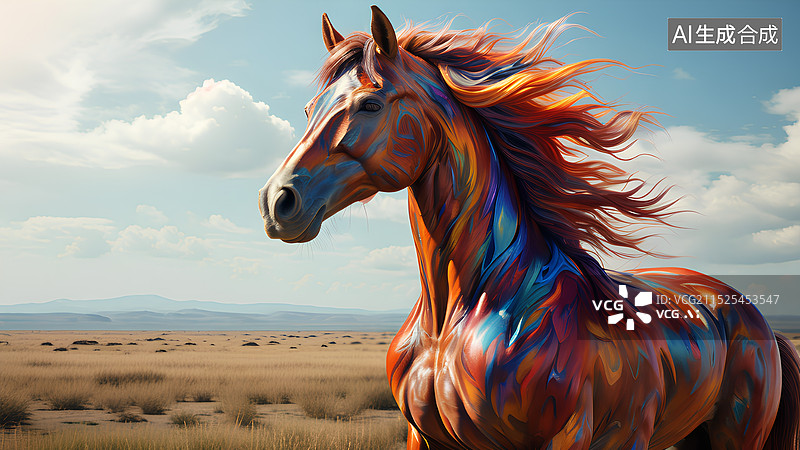 【AI数字艺术】动物主题插画 彩色的马 红棕色马图片素材