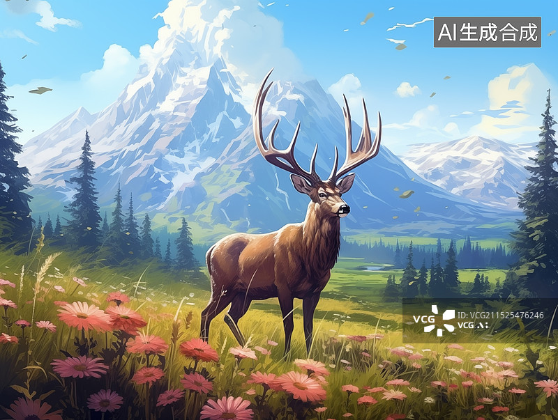 【AI数字艺术】雪山下的驯鹿插画图片素材