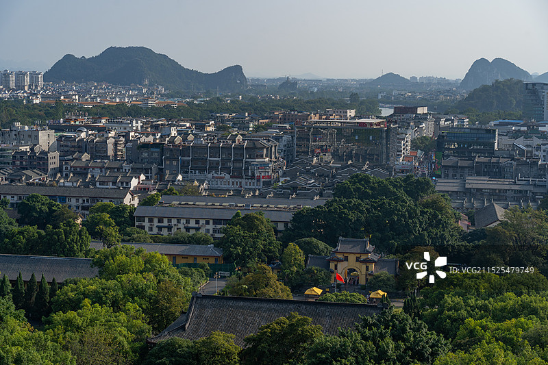 桂林独秀峰上看桂林城、桂林中轴线（靖江王城、正阳步行街、象鼻山、穿山、塔山）图片素材