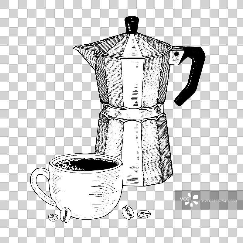 手绘咖啡杯和咖啡壶图片素材