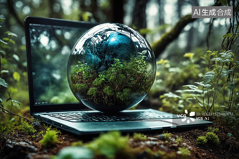 【AI数字艺术】笔记本与地球仪在森林中图片素材
