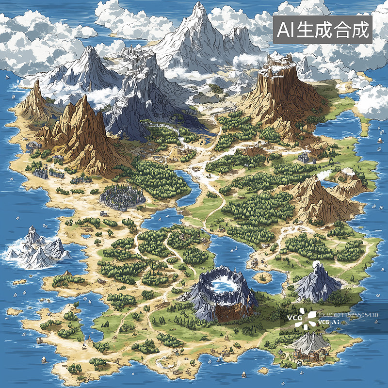 【AI数字艺术】海岛风景，2D场景原画资源，环境绿洲海洋沙漠，游戏地图原画设计图片素材