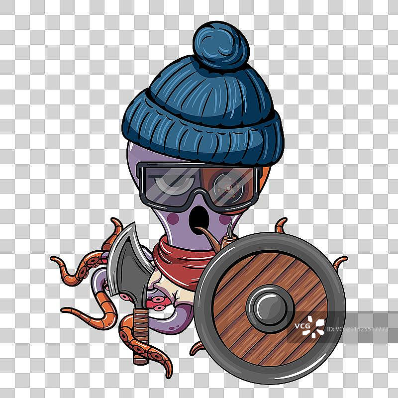 卡通维京章鱼，戴着无檐小便帽图片素材