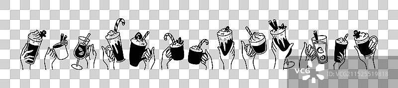 举起双手拿着圣诞热饮的可爱线条图片素材