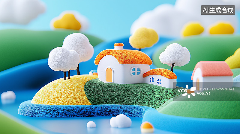 【AI数字艺术】3D卡通毛毡微缩房屋风景图片素材
