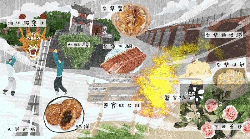 金华城市建筑人文美食插画GIF动图图片素材