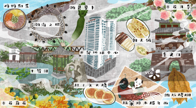 潍坊市建筑人文美食插画GIF动图图片素材