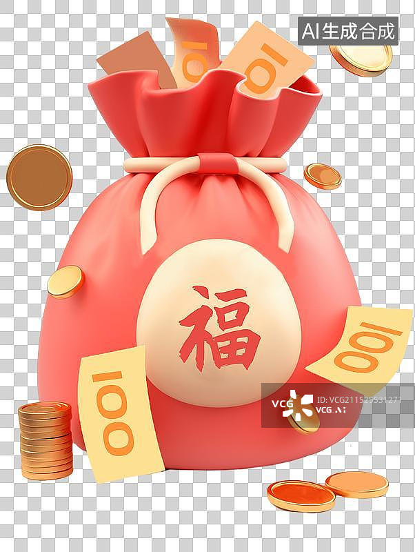 【AI数字艺术】3D卡通钱袋福袋装金币图片素材