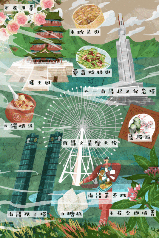 南昌城市建筑人文美食插画GIF动图图片素材