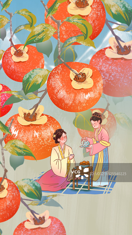 柿子树下汉服小姐姐图片素材