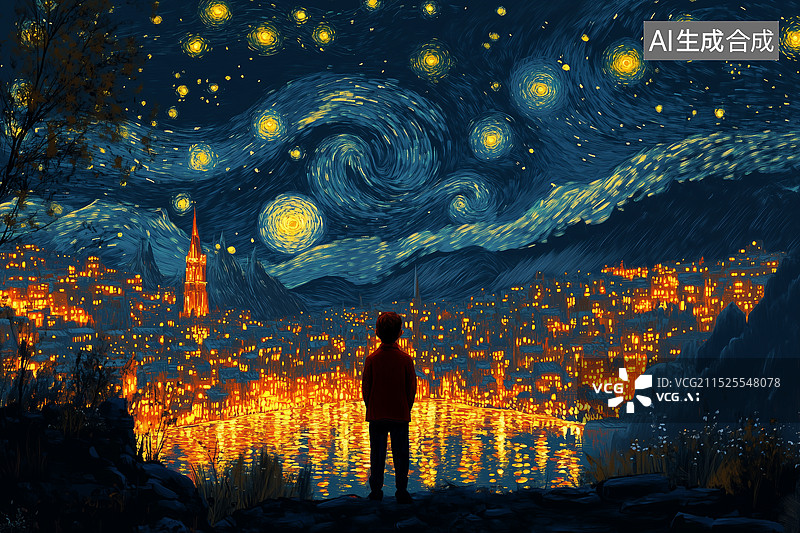 【AI数字艺术】油画艺术夜空下灯火通明的城市和一个人孤单的背影图片素材