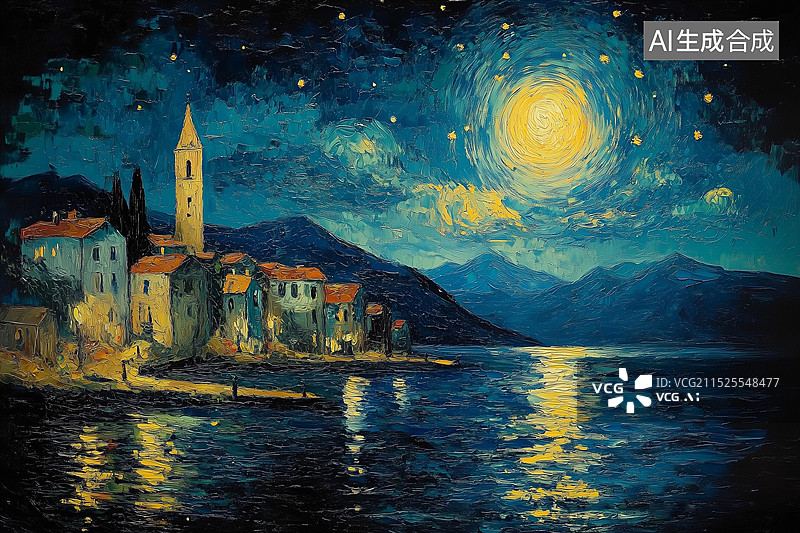 【AI数字艺术】油画艺术夜空下岸边上的城镇图片素材