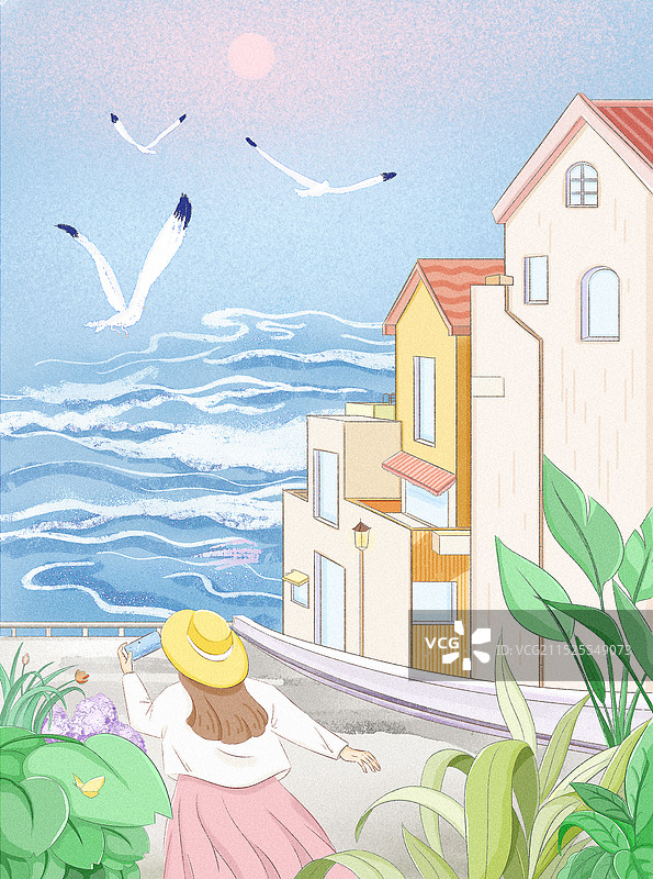 威海火炬八街海边风景插画图片素材