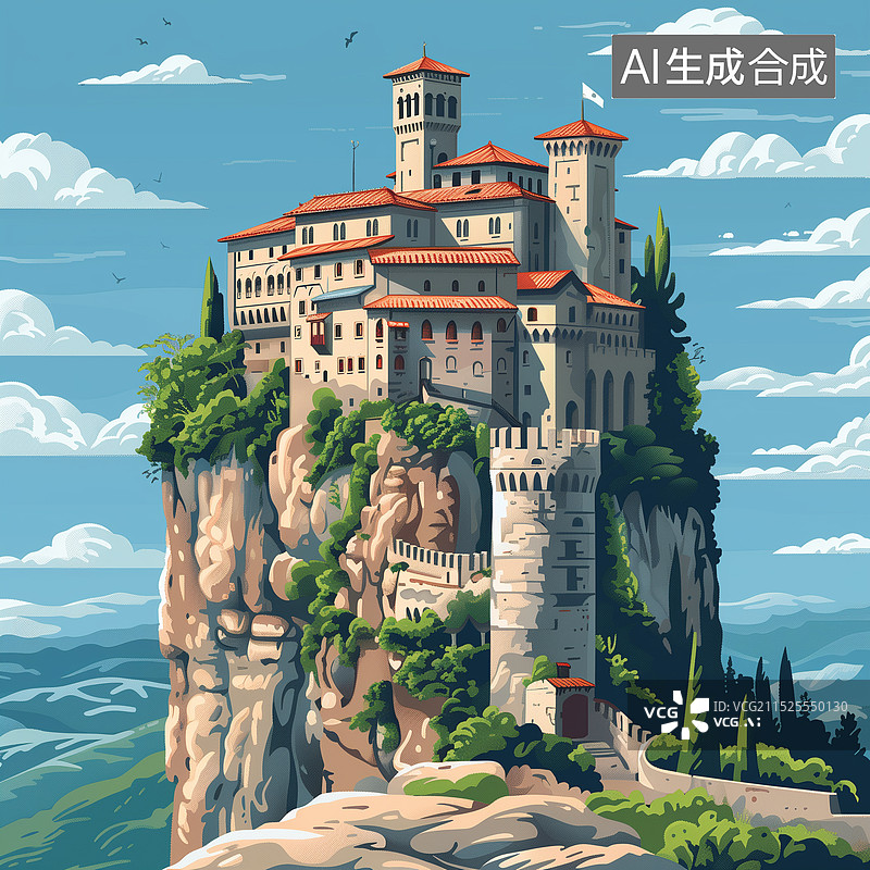 【AI数字艺术】山林城堡童话世界，海边悬崖上的城堡，山上的村庄插画小清新艺术风格建筑插画 竖版图片素材