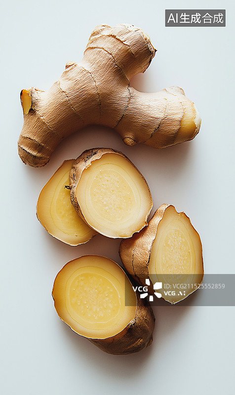 【AI数字艺术】一块生姜和几块切片的生姜图片素材