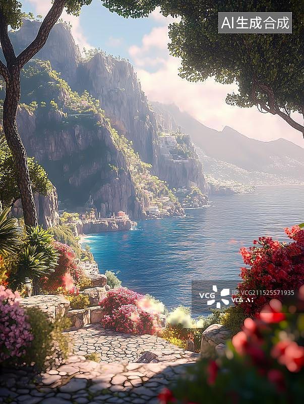 【AI数字艺术】海岸悬崖上的鲜花图片素材