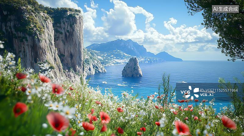 【AI数字艺术】海岸悬崖上的鲜花图片素材