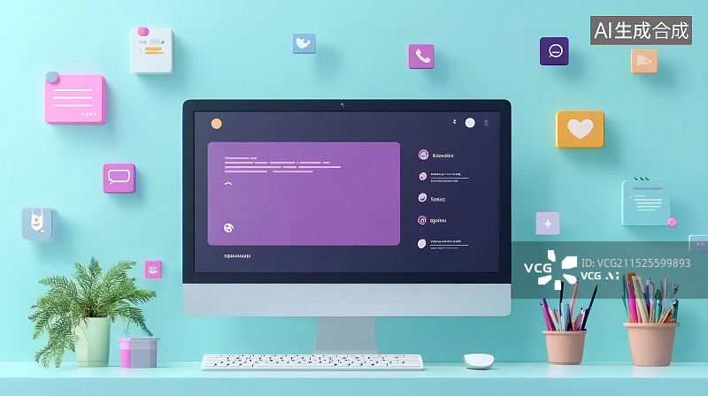 【AI数字艺术】桌面办公电脑显示屏幕工作场景扁平化插画图片素材