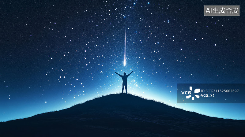 【AI数字艺术】一个人高举手臂仰望星空背影图片素材