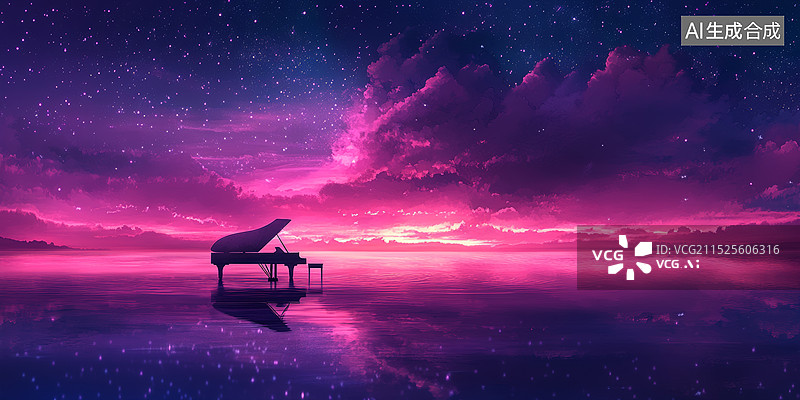 【AI数字艺术】一张星空下的钢琴图片，一架黑色三角钢琴放在湖边，周围是树木花草，远处是群山图片素材