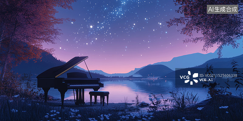 【AI数字艺术】一张星空下的钢琴图片，一架黑色三角钢琴放在湖边，周围是树木花草，远处是群山图片素材