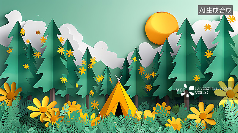 【AI数字艺术】手工折纸风格的露营插画图片素材