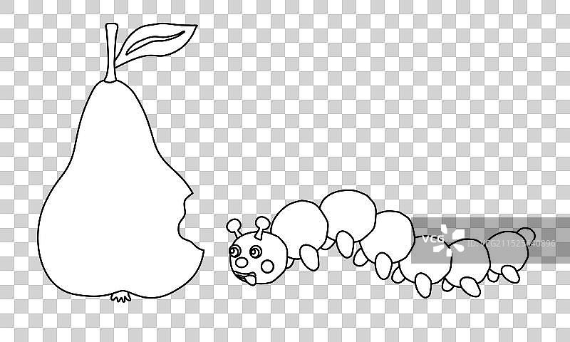 被咬过的梨和可爱毛毛虫涂鸦风格图片素材